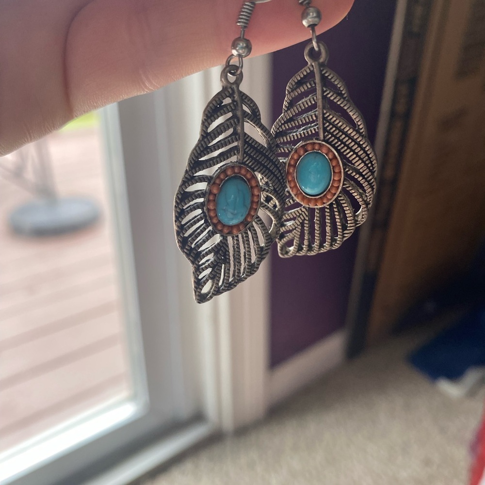 Silver and Turquoise Leaf Earrings